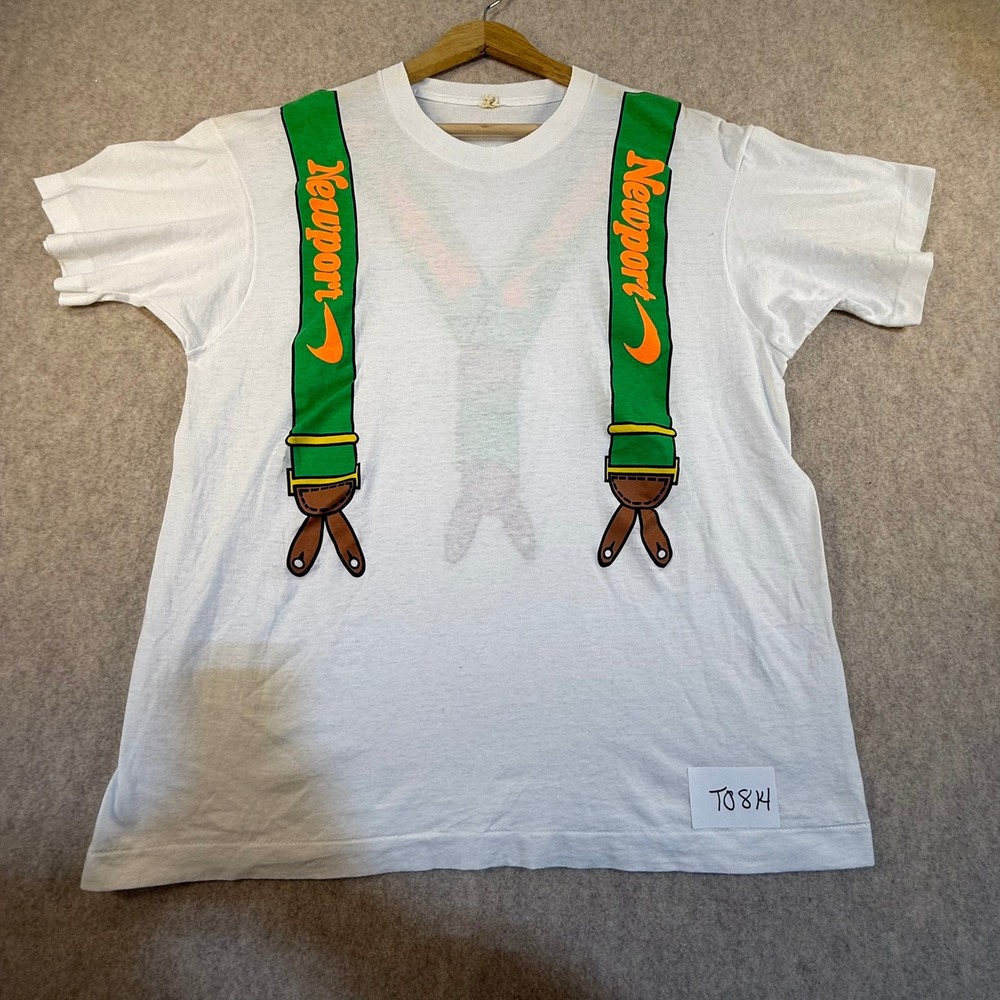 Vintage 1990 Newport Cigarettes T Shirt XL Screen Stars Suspenders Graphic White